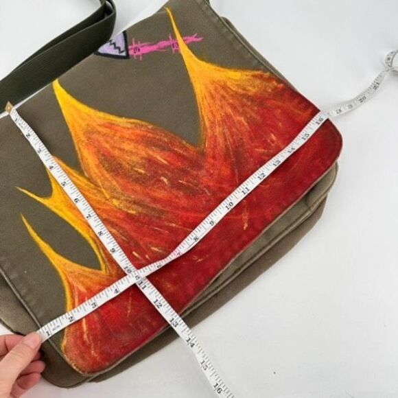 Vintage Y2K Gap Canvas Handpainted Fire Print Crossbody Messenger Bag Green - Picture 7 of 12